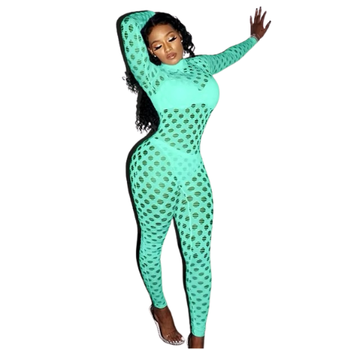 Sexy Mesh Long Sleeve Knitted Jumpsuit